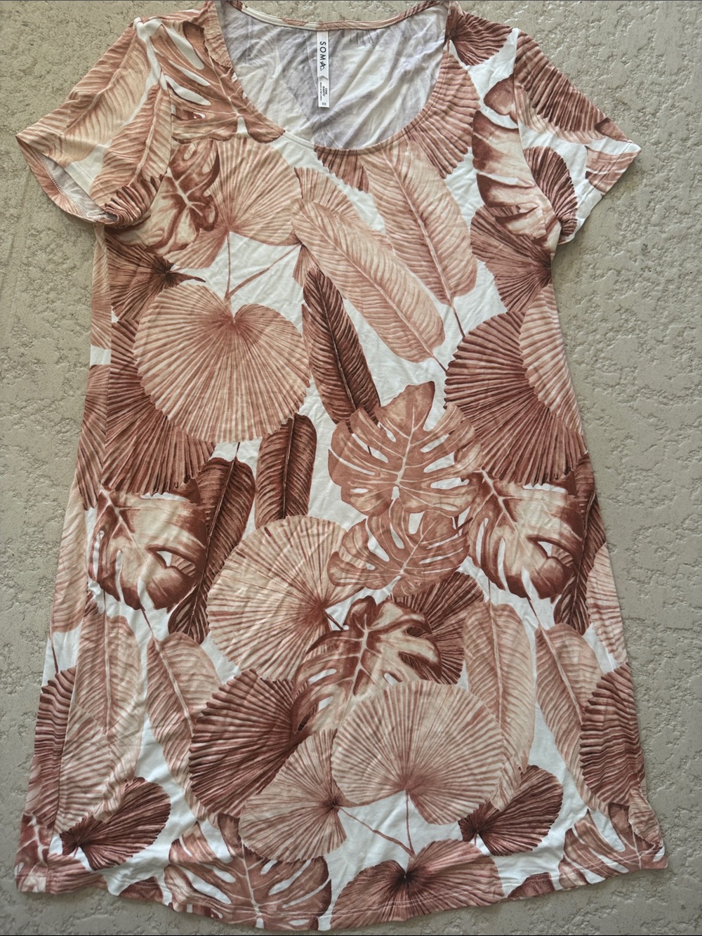 Soma Short-Sleeve Palm Leaf Sleep Dress in Rose Brown on White